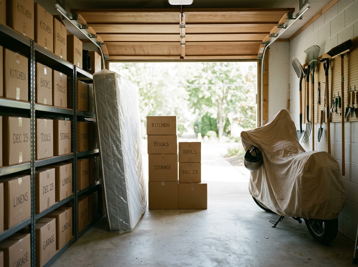 Inside a clean, organised Move It! storage garage with stacked boxes and covered furniture
